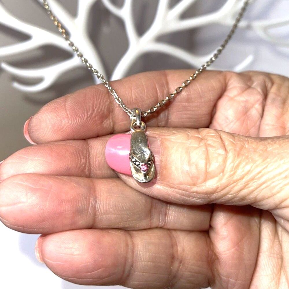 Chain & Flip Flop Pink Stone 17 Inch Chain .8 Inch Flip Flop Charm